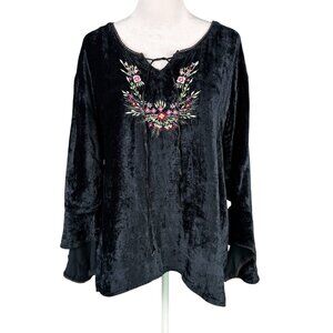 DCC Missy XL Black Velvet Embroidered Tunic Top Bell Sleeves Vintage Whimsigoth
